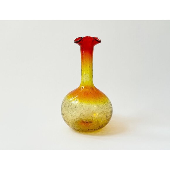 SOLD - Blenko Amberina Crackle Ombre Glass MCM Handkerchief Bulbuous Vase - Picture 1 of 8